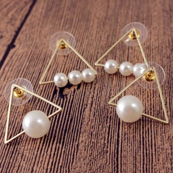 NEW "Love Triangle" Pearl Triangle Stud Earrings - Picture 7 of 7